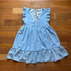 baby blue v-neck smock dress with ruffles from Altar'd State